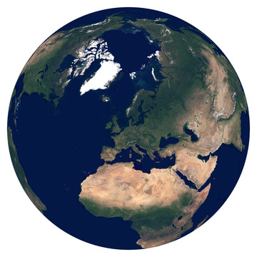 Earth from space. Satellite image of planet Earth. Photo of globe. Isolated physical map of Europe (EU: Germany, France, Italy, United Kingdom (UK), Poland). Elements of this image furnished by NASA.