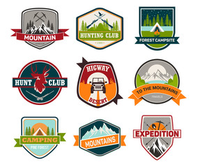 Signs or badges for hunting and climbing, camping