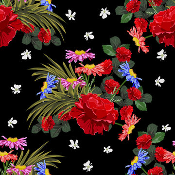 Seamless background with cute garden flowers.Design for cloth, wallpaper, gift wrapping. Print for silk, calico, home textiles.Vintage natural pattern.