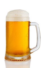cold mug of beer with foam isolated on white background
