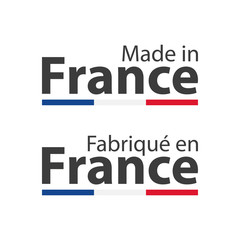 Two simple vector symbols Made in France, in the French language – Fabrique en France, signs with the French tricolor isolated on white background