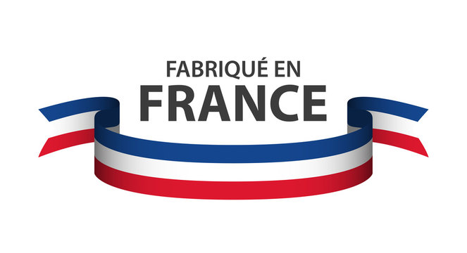 Made in France, in the French language – Fabrique en France, colored ribbon with French tricolor isolated on white background
