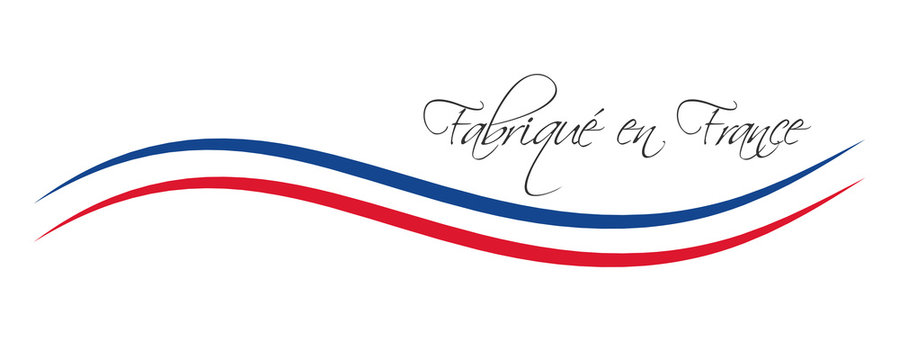 Made in France, in the French language – Fabrique en France, colored vector symbol with French tricolor isolated on white background