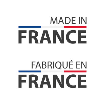 Two simple vector symbols Made in France, in the French language – Fabrique en France, simple vector symbols with French tricolor isolated on white background