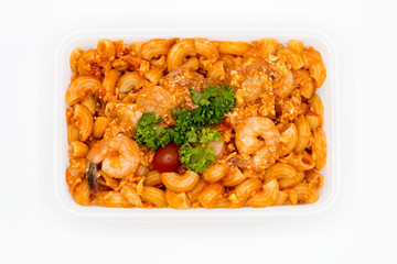 Cost-up Stir fried macaroni with prawn  box set isolated on white background. It copy space and selection focus.