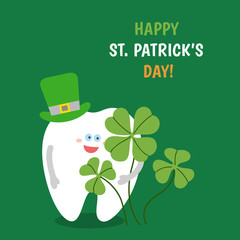 Cartoon tooth wearing a hat holds a four-leaved shamrock on green background. Happy St. Patrick's Day! Greeting card from dentistry. Symbol of luck and happiness.