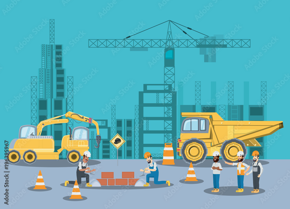 Wall mural under construction zone with builders and engineers and construction truck over blue background, col