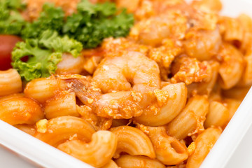 Cost-up Stir fried macaroni with prawn  box set isolated on white background. It copy space and selection focus.