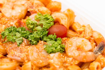Cost-up Stir fried macaroni with prawn  box set isolated on white background. It copy space and selection focus.