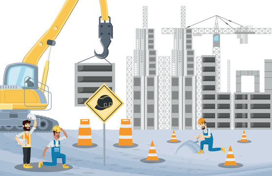 Under construction zone with crane truck and builders over white background, colorful design vector illustration