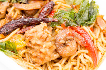 Cost-up Spaghetti with spicy prawn box set isolated on white background. It copy space and selection focus.