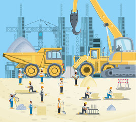 Under construction zone with builders and engineers and construction truck over blue background, colorful design vector illustration