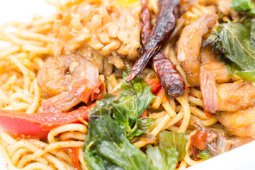 Cost-up Spaghetti with spicy prawn box set isolated on white background. It copy space and selection focus.