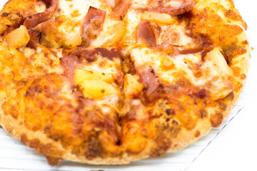 Cost-up  Hawaiian pizza box set isolated on white background. It copy space and selection focus.