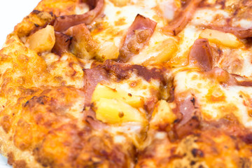 Cost-up  Hawaiian pizza box set isolated on white background. It copy space and selection focus.