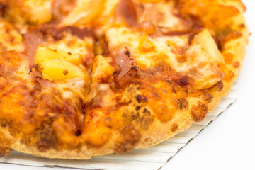 Cost-up  Hawaiian pizza box set isolated on white background. It copy space and selection focus.