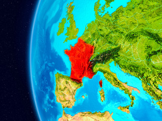 Space view of France in red