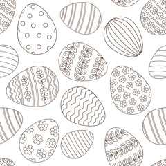 Happy Easter seamless pattern greeting card with decorated painted Easter eggs. Vector Illustration thin line stroke style design for invitations, prints, wrapping paper