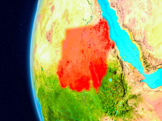 Space view of Sudan in red