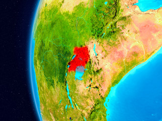 Space view of Uganda in red