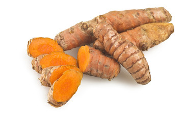 turmeric root and some slices on a white background