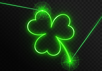 Neon clover leaf with green laser rays on a transparent background. Element for design on the traditional Irish holiday is the day of St. Patrick. Bright vector illustration with shiny particles