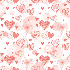 Cute vector hearts seamless background. Valentine day hearts ornament with pink watercolor spots on background. Romantic tiled pattern for wrapping paper and wallpaper design.