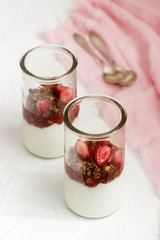 Yogurt with granola and strawberries.