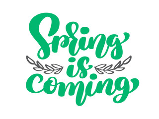 Vector Spring is coming of branches and leaves. Hand Drawn text. Design for poster, card, invitation, placard, brochure, flyer. Lettering quote. Vector vintage text, Isolated lettering phrase