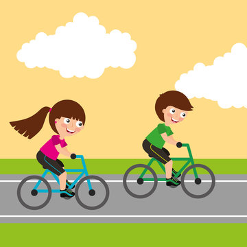 kids boy and girl riding bikes sport activity image vector illustration
