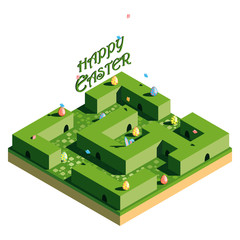 Hunting for Easter eggs. The green labyrinth in which the Easter bunny hid. Inscription Happy Easter and flying butterflies. 3D isometric view. Vector illustration.