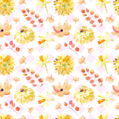 Fototapeta premium Yellow summer flowers seamless pattern with beautiful orange floral illustrations for creating of wedding card, boho vintage invitation, poster and web banner background.