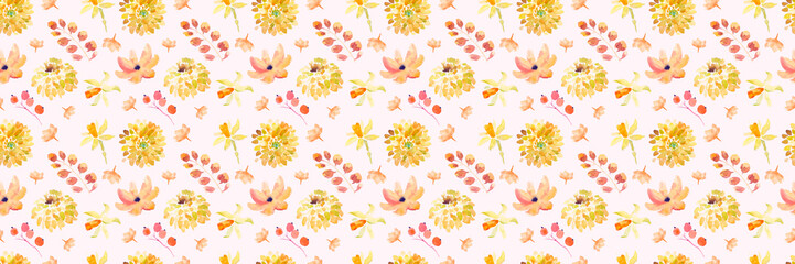 Obraz premium Yellow summer flowers seamless pattern with beautiful orange floral illustrations for creating of wedding card, boho vintage invitation, poster and web banner background.