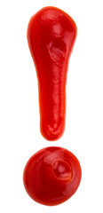 Exclamation point of red ketchup catsup sauce on white background