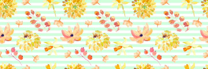 Yellow summer flowers seamless pattern with beautiful orange floral illustrations for creating of wedding card, boho vintage invitation, poster and web banner background.