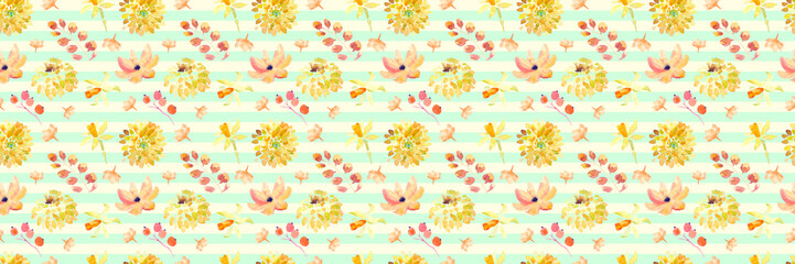 Yellow summer flowers seamless pattern with beautiful orange floral illustrations for creating of wedding card, boho vintage invitation, poster and web banner background.