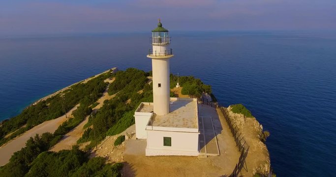 Aerial around the lighthouse at Lefkada, Greece.