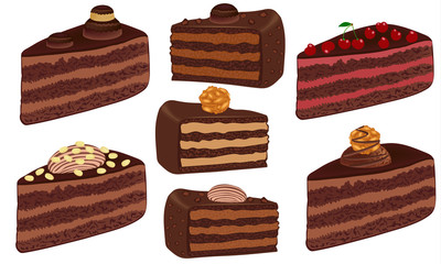 Set of chocolate cake with nuts and cream.  Cake cut sliced with cuttings. Dessert isolated on white background. A piece of chocolate cake close-up. Vector illustration.