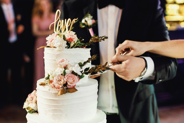 Bride and groom cut the wedding cake together