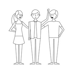 group of three happy friends boys and girls cartoon vector illustration outline design