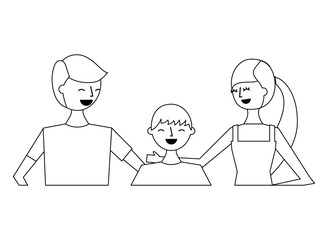 portrait happy couple with their teenage son embraced vector illustration outline design