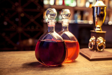 decanter with liquior in a bar
