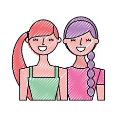 portrait young women friends happy characters vector illustration drawing color design