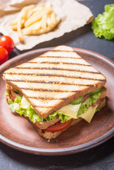 Club sandwich with tomatoes , cucumber , ham and cheese