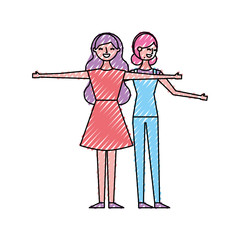 two woman friendly together making gesture with arms vector illustration drawing color design