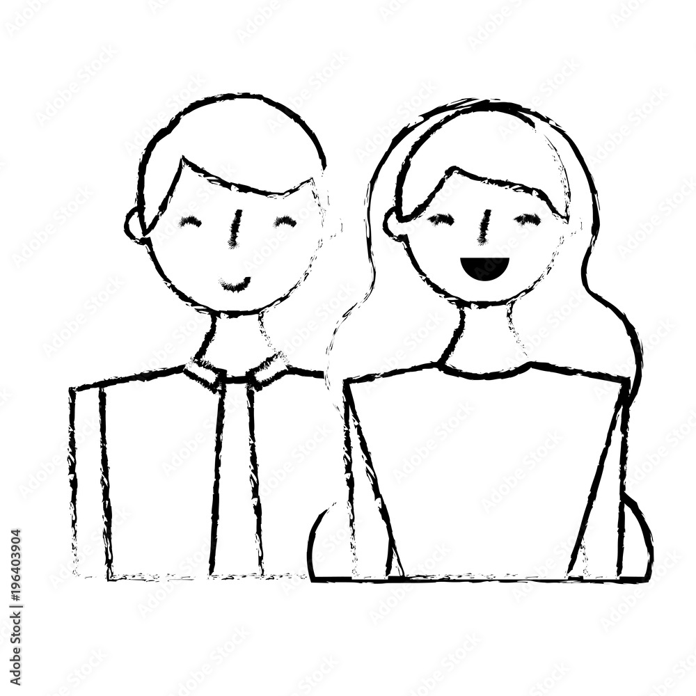 Poster happy young couple portrait characters vector illustration sketch design