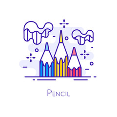 Icon with color pencils and chips on white background. Thin line flat design. Vector banner.