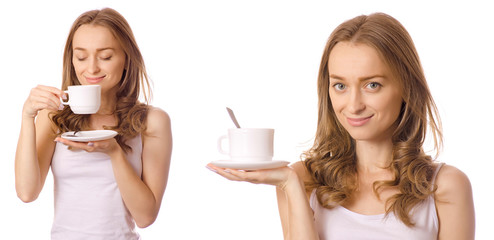 Beautiful young woman with cup of tea coffee in hands set