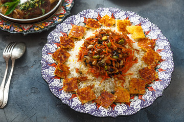 Jeweled rice or shirin polo in traditional plate