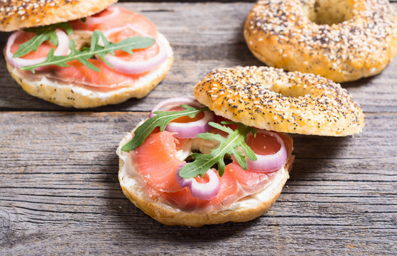 Homemade bagels with salmon